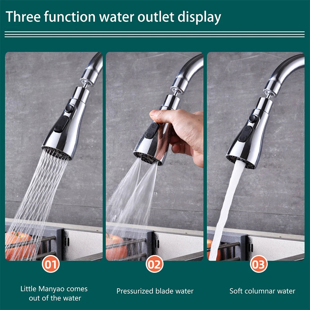3 In 1 Kitchen Faucet Extender 360 Degree Rotate Pull Out Kitchen Tap Multi-mode Strong Flushing Booster Kitchen Accessories