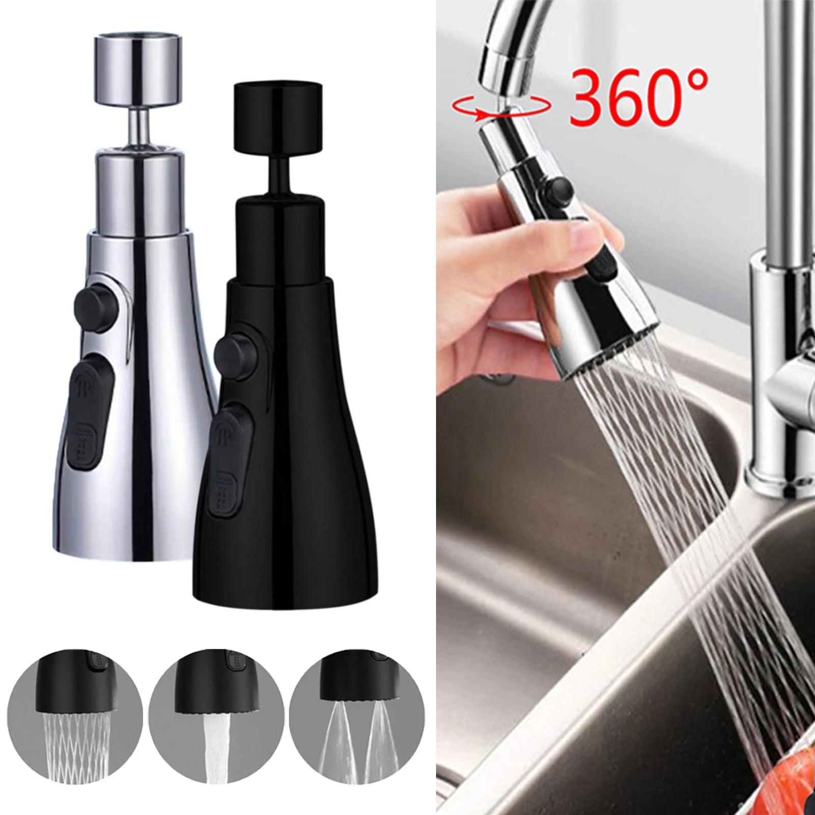 3 In 1 Kitchen Faucet Extender 360 Degree Rotate Pull Out Kitchen Tap Multi-mode Strong Flushing Booster Kitchen Accessories